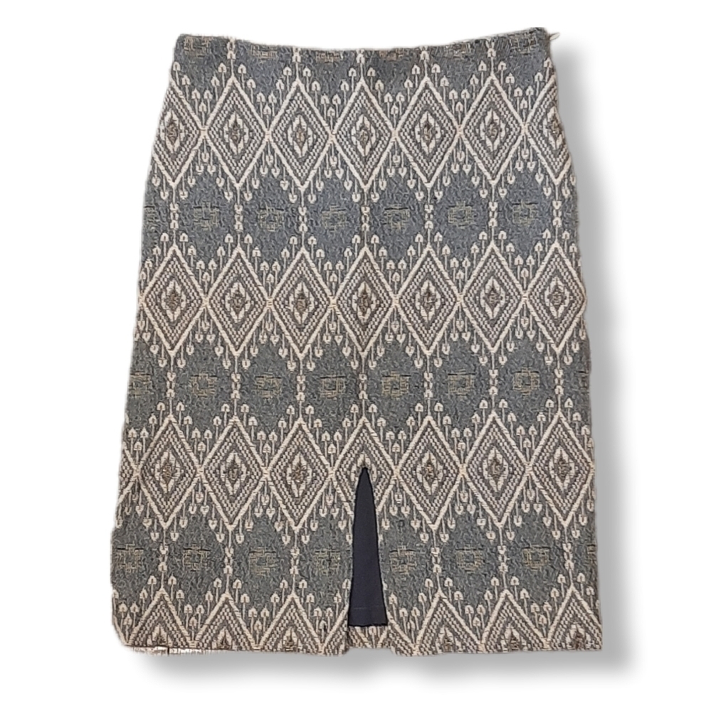 Taha Metallic Tweed A-Line Skirt Woven Diamond High Waist Front Slit Blue Gold